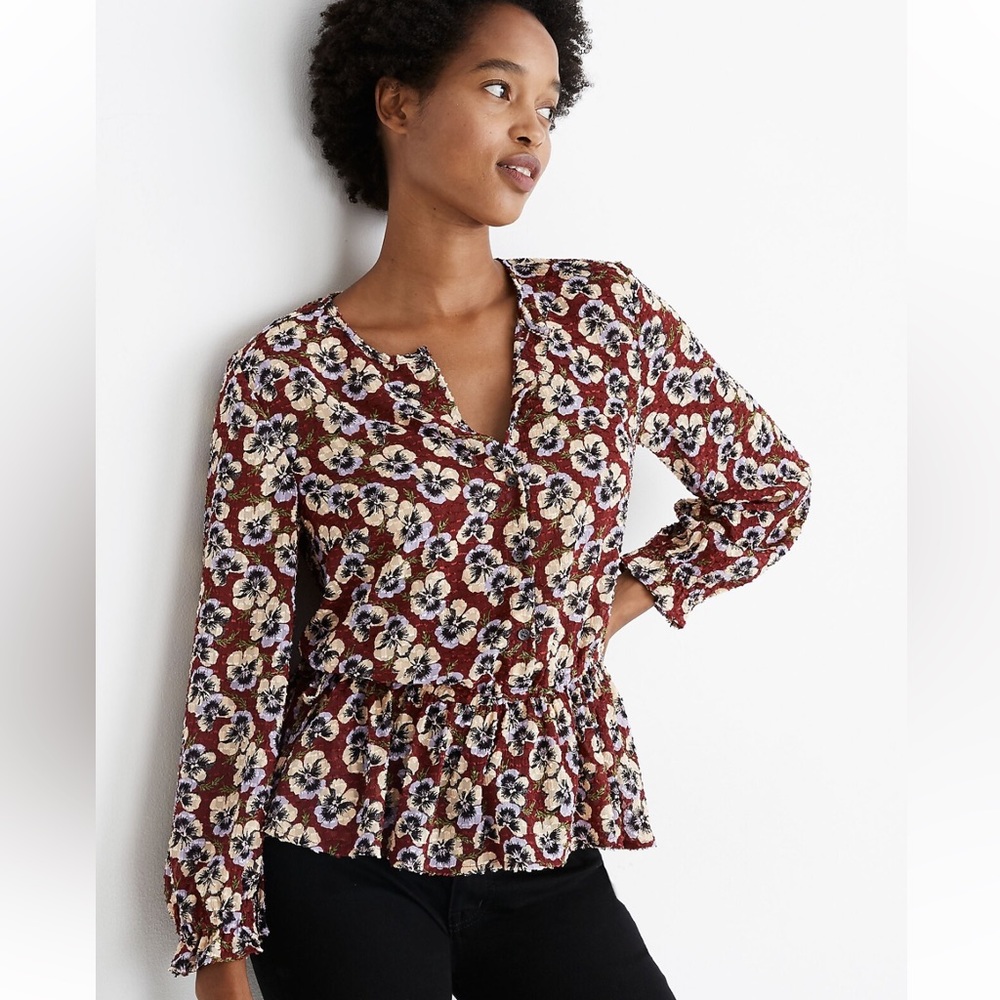 Madewell Drawstring Ruffle-Hem Top in Viola Floral EUC XS Pansy Dusty Burgundy - Picture 3 of 12